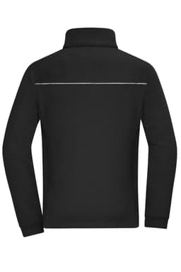 A black fleece jacket with a corduroy look, featuring a high collar and a reflective strip on the back.