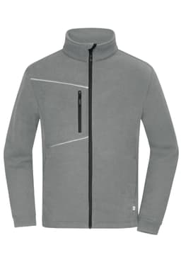 A fleece jacket in grey with a corduroy look and a zippered chest pocket. Features a high collar and zipper closure.