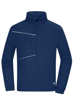 A navy fleece jacket featuring a zip-up front, high collar, and a zippered chest pocket. It has a logo on the side.