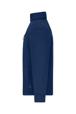 A navy fleece jacket with a corduroy look and a zippered pocket, featuring a subtle branding logo.