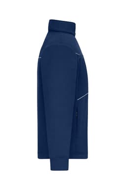 A navy fleece jacket with a corduroy look, featuring a high collar and a zip pocket. It has a logo.