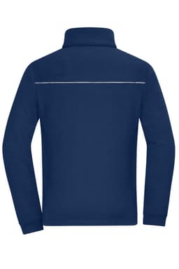 A navy fleece jacket with a high collar and a reflective stripe across the back. It features a logo on the garment.