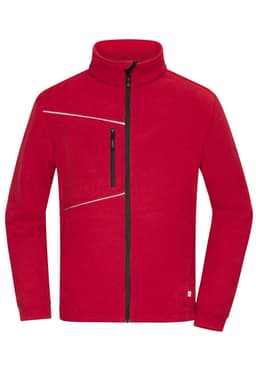 A red fleece jacket with a corduroy look features a zippered chest pocket and a high collar. It includes a logo.
