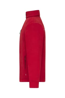 A side view of a red fleece jacket with a corduroy look, featuring a zip pocket and a collar.