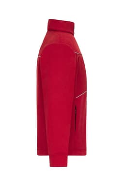 A red fleece jacket with a corduroy look, featuring a high collar and side zip pockets. It has a logo.