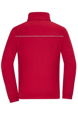 A red fleece jacket with a corduroy look and a collar, featuring a reflective strip across the back.