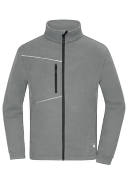 A fleece jacket in grey with a zip front, high collar, and a zippered pocket on the chest. Features a logo.