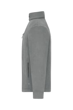 A grey fleece jacket with a corduroy look and two side zip pockets. It has a stand-up collar and features a logo.