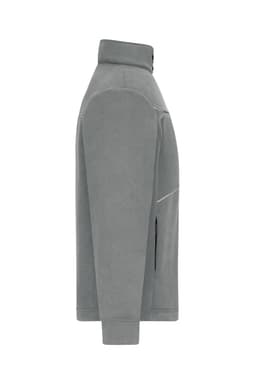 A fleece jacket in a grey corduroy look, featuring a high collar and zippered pocket, with a logo.