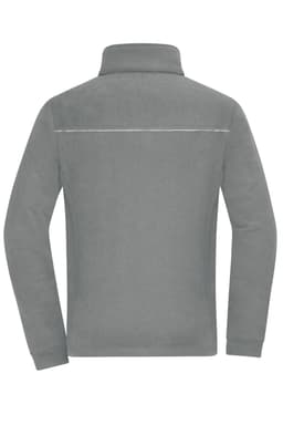 A grey fleece jacket with a corduroy look, featuring a collar and a reflective strip on the back.