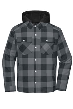 A grey and black check shirt jacket featuring a hood and front pockets, designed for workwear.
