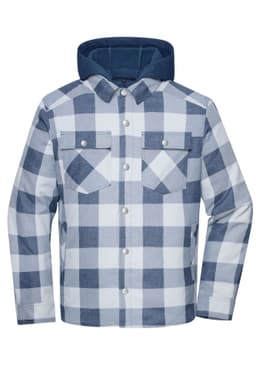 A check shirt jacket in varying shades of blue and white, featuring a hoodie and two chest pockets.