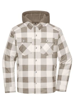 A check shirt jacket in white and brown, featuring a hood and two front pockets. It has a logo on the chest.