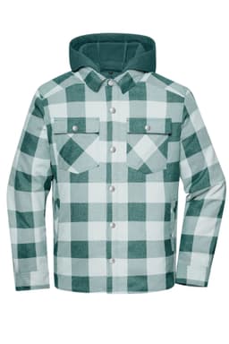 A check shirt jacket in shades of green and white, featuring a hood and front pockets. It has a branded logo.