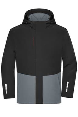 A hardshell rainjacket featuring a black upper section and grey lower section, with a logo on the front.