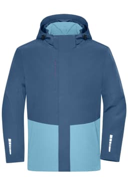 A blue and light blue hardshell rainjacket with a hood and branding on the sleeve.