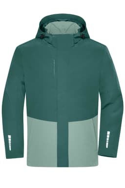 A hardshell rainjacket in deep green and light mint. It features a hood and zippered pockets, with a logo present.