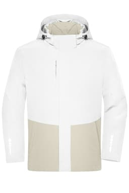 A white and beige hardshell rainjacket with a hood and adjustable features. It has a logo on the design.