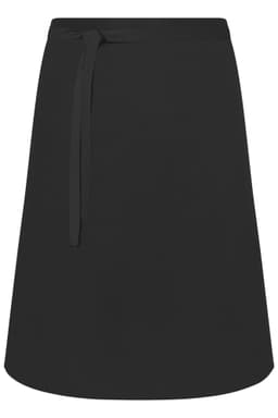 A black apron with a tie waist, featuring a simple and clean design, suitable for workwear.