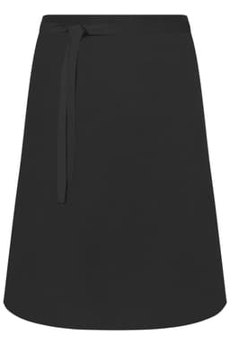 A black apron with a tied waist, featuring a simple, classic design. It includes a logo.