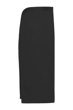 A black apron featuring a sleek, short design. It includes a logo or branding on the fabric.
