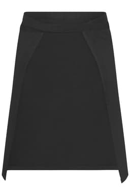 A black apron with a sleek design, featuring angled side panels and a subtle logo. Suitable for workwear.