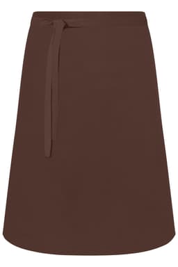 A brown apron with a tie waist, featuring a simple design and a curved hem. It has a logo on it.