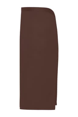 A brown apron short with a sleek design, featuring a side split and a subtle branding logo.
