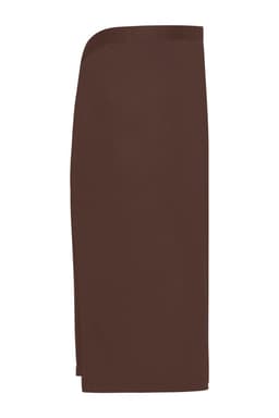 A brown apron with a sleek design, featuring a side slit and a logo on the fabric.