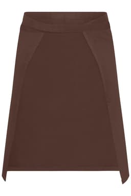 A brown apron short featuring side panels and a straight hem. It includes a logo but no visible branding details.