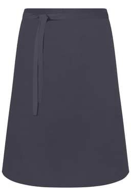 A dark grey apron with a tie waistband, featuring a simple and classic design.