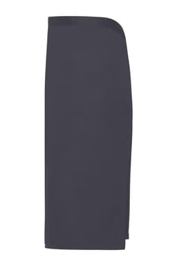 A dark grey apron with a sleek design, featuring a side slit and a logo.