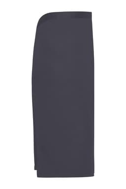 A dark grey apron with a sleek, minimalist design, featuring a logo on the fabric.