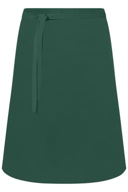 A green apron with a tie waist, featuring a simple design and a solid colour. It has an implied branding element.