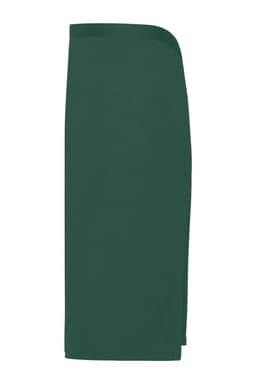 A green apron features a simple, sleek design with one side slightly longer. It includes a logo.
