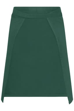 A green apron with a simple design and fitted shape, featuring a logo on the fabric.