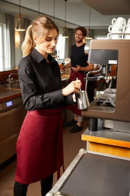 A woman wearing a black shirt and a maroon apron prepares coffee at a café, with a barista in the background.