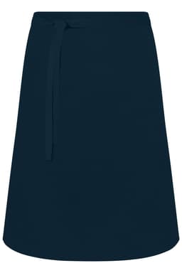 A navy apron with a tie belt, designed for workwear purposes, featuring a simple and utilitarian design.