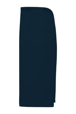 A navy blue apron featuring a simple, sleek design and a logo on the side.