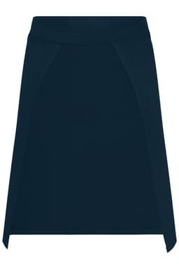 A navy blue apron short featuring a simple design, with a branded logo at the top.