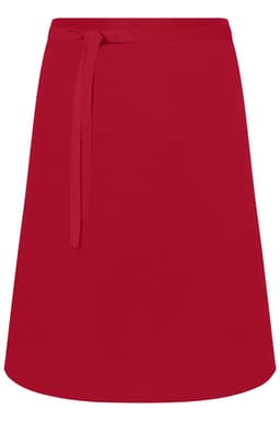 A red apron with a tie waist, featuring a simple design and no discernible patterns or textures.