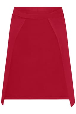 A red apron featuring a simple design and an integrated logo. Suitable for various workwear settings.
