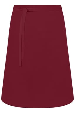 A burgundy apron featuring a tie waist and a simple design, suitable for various workwear settings.