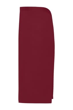 A maroon apron with a sleek, minimal design, featuring one side open and a small logo.