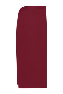 A burgundy apron with a modern design, featuring an asymmetrical cut and no visible logos or branding.