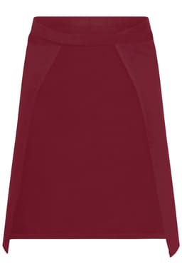 A burgundy apron with a simple design and side panels, featuring a branding logo.
