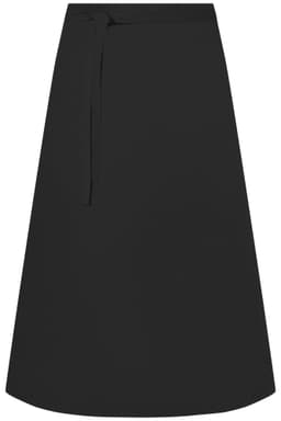 A black long apron featuring a tie waist and a simple, sleek design. It has a branding logo.
