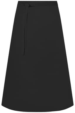 A long black apron with a tie at the waist. The design is simple and features no patterns.