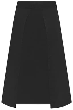 A black apron with a long, straight design, featuring a split detail and a logo.