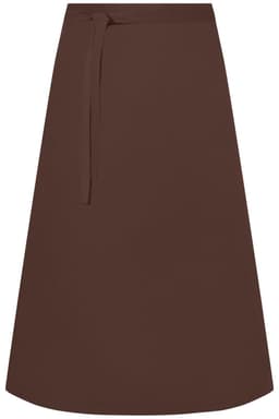 A brown apron with a tied waist, showcasing a simple and functional design. It has a logo present.